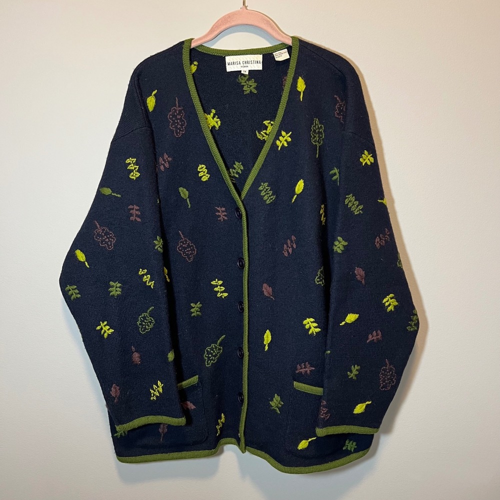 Marisa Christina Woman 3X Vintage Wool Cardigan Navy Blue Embroidered Leaf Green